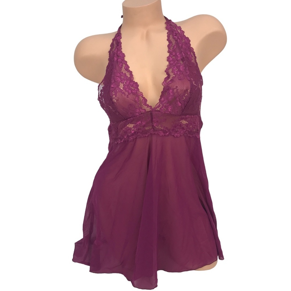 Escante Maroon Lace Bow V-Neck Nightgown‎ Babydoll Chemise Lingerie Dress S/M
